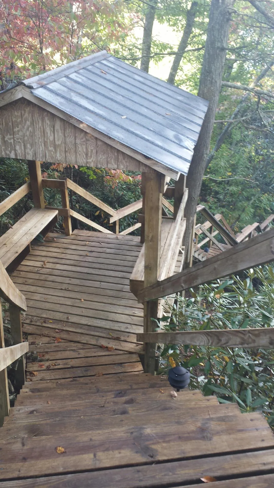 Metal roofed shelter over wooden steps on a wooded walkway — Skylight Repair & Installation work by our crew in Prior Lake